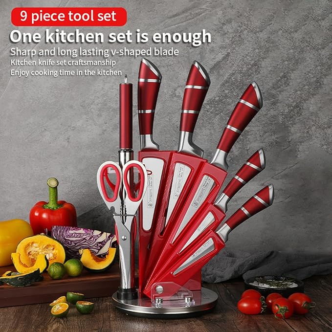 Kitchen Knife Set, 9-Piece Red Kitchen Knife Set with Acrylic Block, Non Stick Sharp High Carbon Stainless Steel Knife Set for Kitchen Cutting Meat Slicing Chopping Kitchen Women Gifts