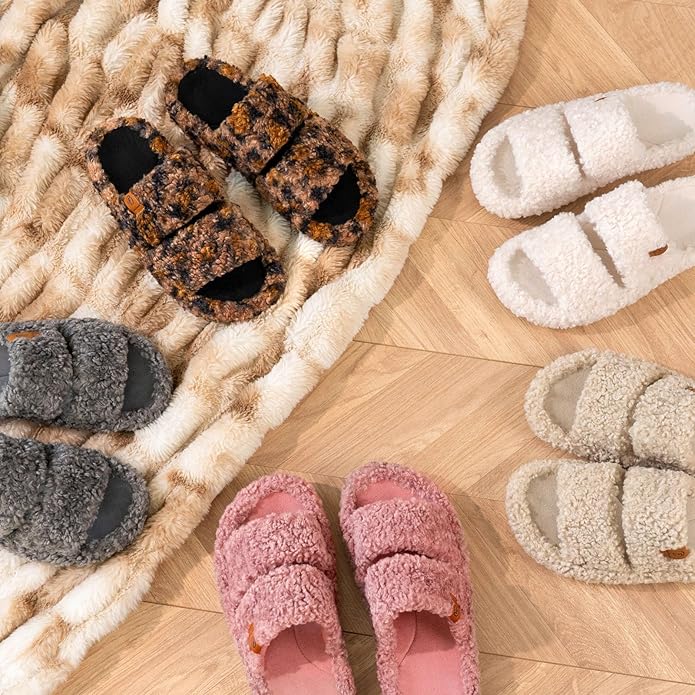 EverFoams Womens Fuzzy Open-toe Slippers Soft Comfy Memory Foam Indoor House Shoes