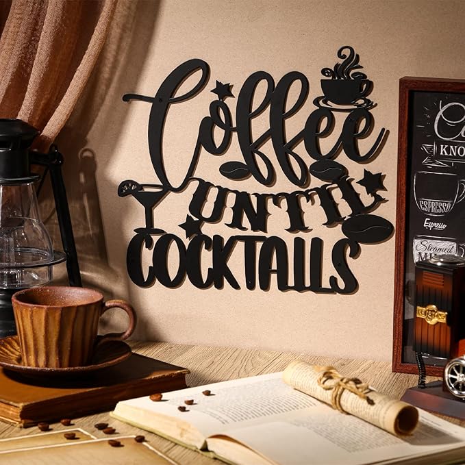 Ferraycle Coffee Bar Decor, 12 x 10.2 Inch Sign for Wall Metal Rustic Hanging Wall Art Vintage Black Cup Letter Sign for Cafe Home Office Kitchen(Coffee Until Cocktails)