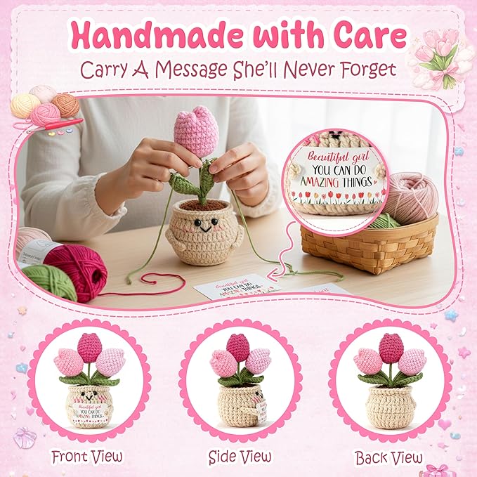 OASSIE Daughter Gifts from Mom - Positive Crochet Tulip - Mothers Day Graduation Encouragement Inspirational Birthday Gifts for Daughter Granddaughter, Emotional Support Crochet, Grad Gift for Friend