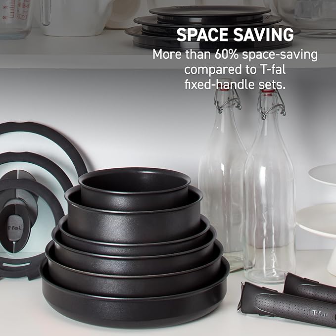 T-fal Ingenio Expertise Non Stick Cookware Set 14 Piece, Induction, Oven Broiler Safe 500F, Cookware, Pots and Pans Set, RV, Camping, Frying Pans, Dishwasher Safe, Detachable/Removable Handle, Pink