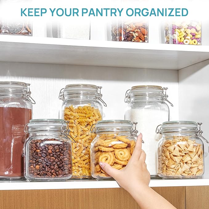 Vtopmart 78oz Glass Food Storage Jars with Airtight Clamp Lids, 3 Pack Large Kitchen Canisters for Flour, Cereal, Coffee, Pasta and Canning, Square Mason Jar with 8 Chalkboard Labels