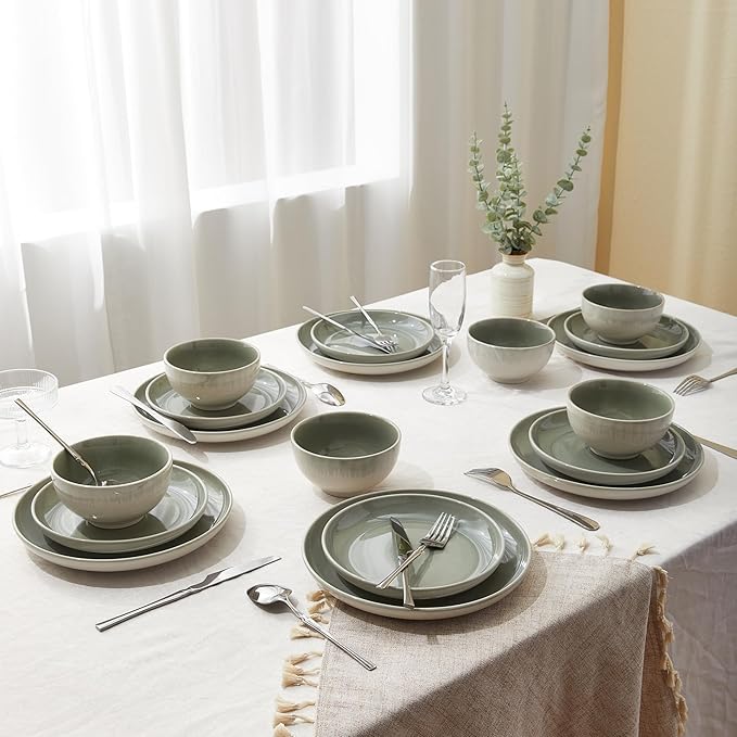 Pokini 32 Piece Double Bowl Dinnerware Sets with Pasta Bowls, Highly Chip and Crack Resistant Plates and Bowls Sets, Natural Earthyware Ceramic Dishware Sets, Service for 8 Gradient Green