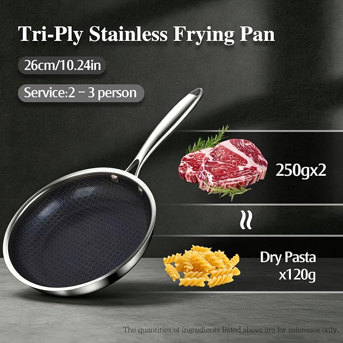 BRASA Nonstick Frying Pan 10.24-inch,Tri-Ply Stainless Steel Skillet,Honeycomb Ceramic Coating, Induction & All Cooktop Compatible,Dishwasher safe (PFOS, PFOA Free)(10.24 in+5.9 in trivet)