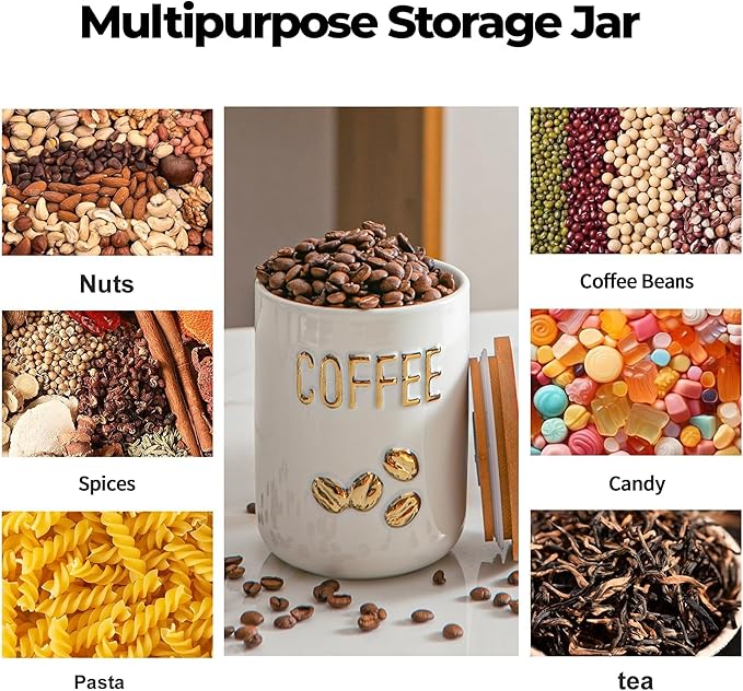 White Ceramic Canister Set for Coffee Tea Sugar, 3-Piece Food Storage Jars with Wood Airtight Lids, Decorative Small Container for Kitchen Pantry Counter - 25oz