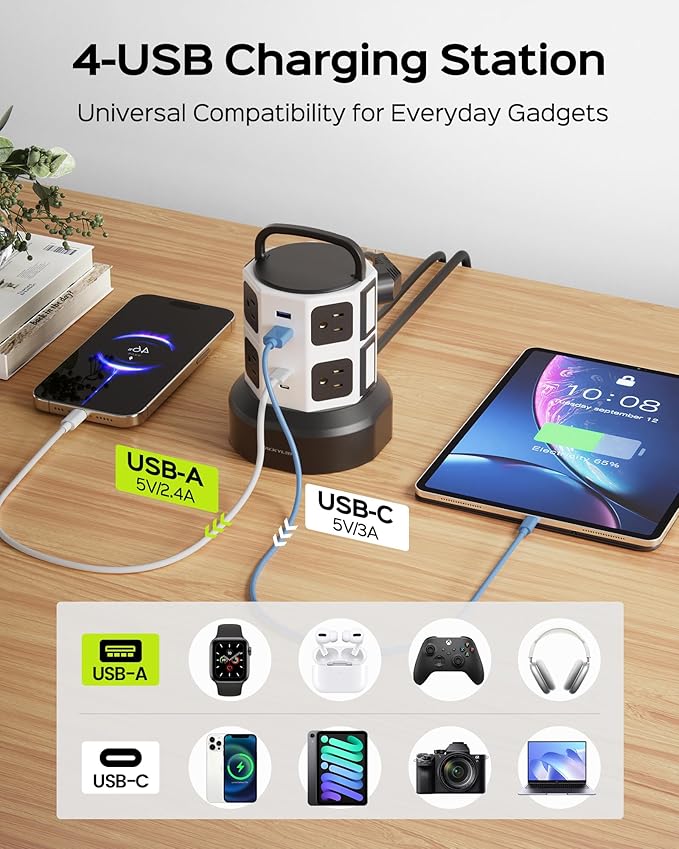 Tower Surge Protector Power Strip, JACKYLED Extension Cord with Multiple Outlets, 8 Outlets 4 USB Ports(2 USB C) 1625W/13A Retractable Cord Charging Station with 1050J Protection, Home Office Supplies