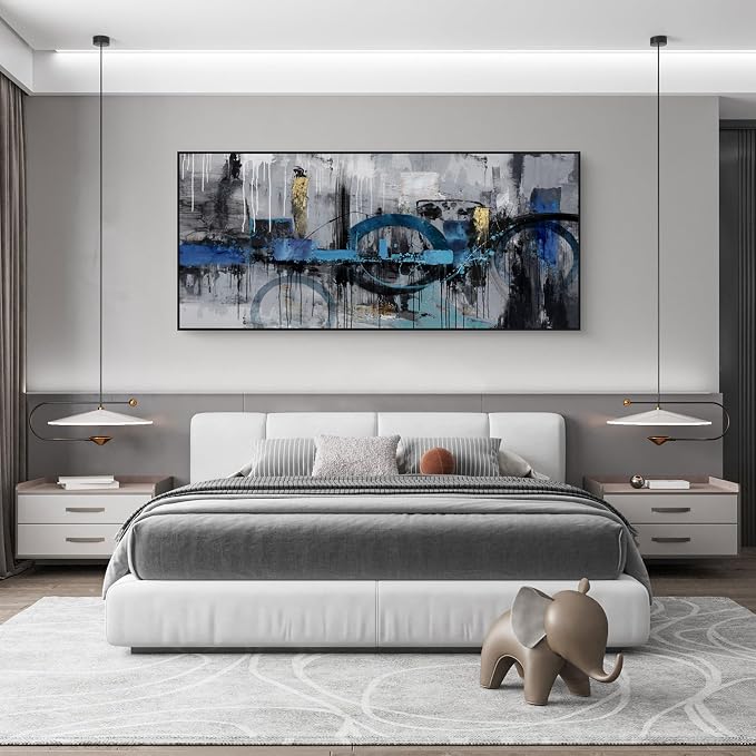 Abstract Wall Art for Living Room Bedroom Above the Sofa Picture Artwork | Oversized 86x39 Inches Made of Canvas with a Black Frame This Blue-Gray-Gold Piece Offers Minimalist Luxury Wall Decor
