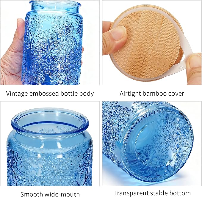 1Pc Snowflakes Style Vintage Glass Candy Jar with Airtight Bamboo Lid, Kitchen Storage Canister for Sugar, Coffee, Tea, Cookies, Bath Salt - Decorative Mason Jar for Pantry & Counter (1, Blue, 24oz)