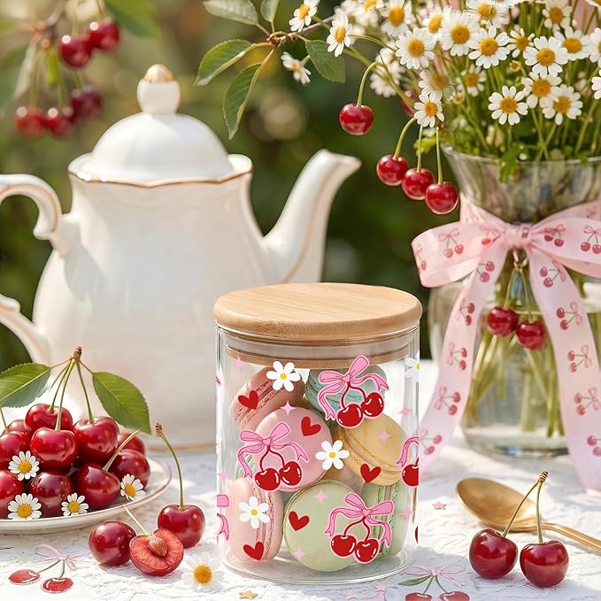 3 Pcs Pink Cherry Bow Glass Storage Jars with Airtight Lids Pink Cherry Candy Cookie Jars Gift Bow Coquette Kitchen Decor Canister Cute Kitchen Containers Gifts for Sugar Cookie