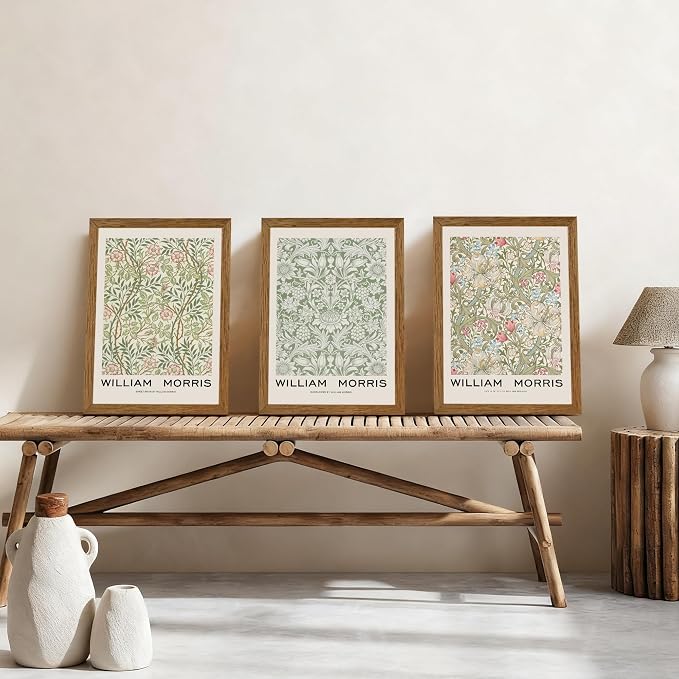 JLTULT 3 Piece Wood Frames Vintage Floral Canvas Wall Art, William Morris Flower Pattern Wall Decor, Nature Botanical Picture Artwork Prints for Living Room Bedroom Office 12x16 inch Easy to Hang