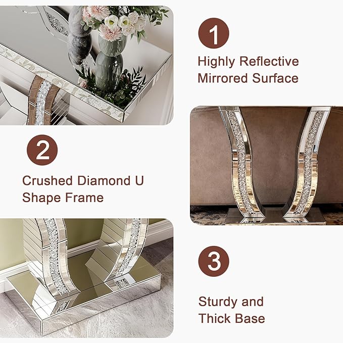 SSLine Modern Mirrored Entryway Table with Rectangle Wall Mirror Set of 2 Luxury Silver Mirror Console Table with 36x24inch Decor Mirror,Crush Diamond U-Shape Hallway Table for Living Room Entrance