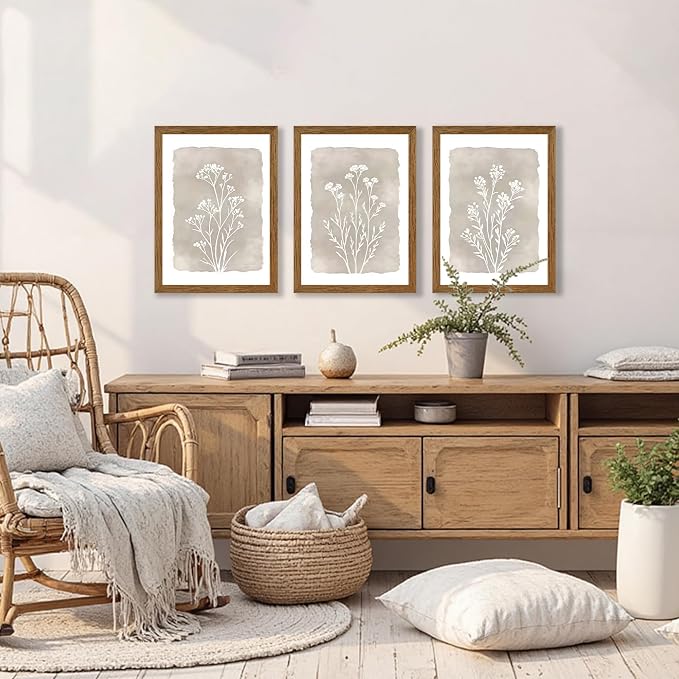 JLTULT 3 Piece Boho Beige Floral Wall Art, Minimalist Line Botanical Flower Wall Decor, Vintage Rustic Wildflower Art Prints for Living Room Bedroom Office Farmhouse Decoration 12x16 in Ready to Hang