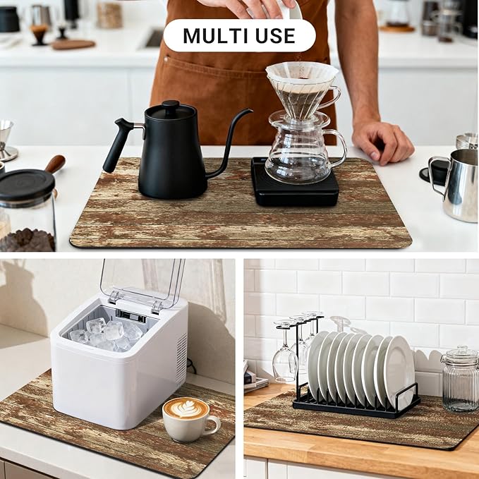 Coffee Mat , Absorbent Hide Stain Rubber Backed Dish Drying Mat for Kitchen, Bar Mats for Countertops, Under Coffee Maker Machine Pot Espresso (Transverse Panel, 24" x 16")