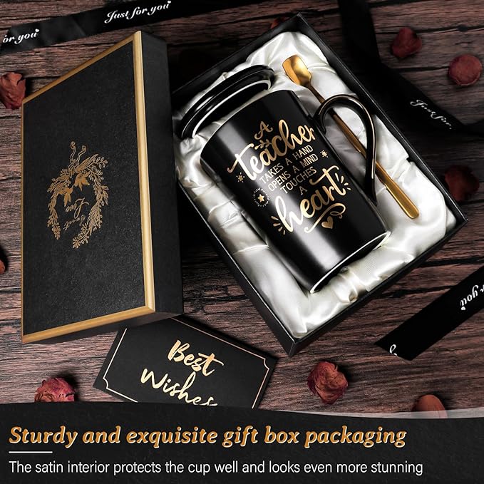 Best Teacher Appreciation Gifts for Men Women, 14oz Unique Black Ceramic Teacher Coffee Mug with Gold Print, Valentine Presents for Teachers Graduation Retirement, with Lid Spoon Card, Nice Gift Boxed