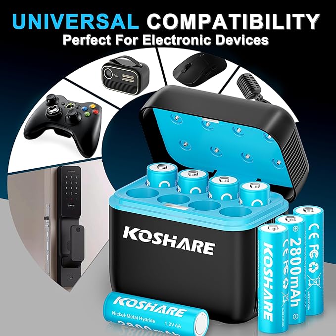 Rechargeable Batteries Ni-MH AA with Charger,8 Pack 1.2V 2800mAh AA Ni-MH Battery,High Capacity Double A Battery, Rechargeable up to 800 Times, Pre-Charged (Black+Blue, 8AA+8Slot Charger)