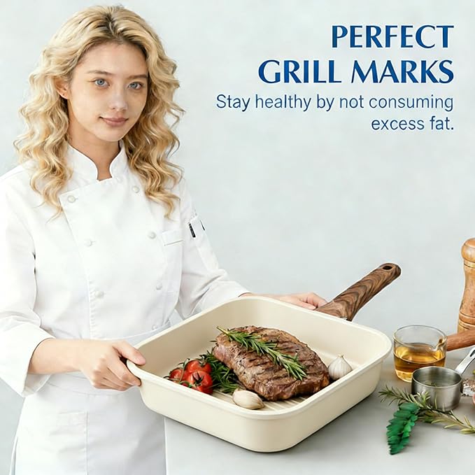 Simple Deluxe 3 Pieces Nonstick Grill Pan Set, Square Versatile Griddle Pans with Wooden Handle, Durable Skillet Indoor & Outdoor Use, All Stovetops Compatible(9.5", 10.2", 11"), PFOA Free, Beige