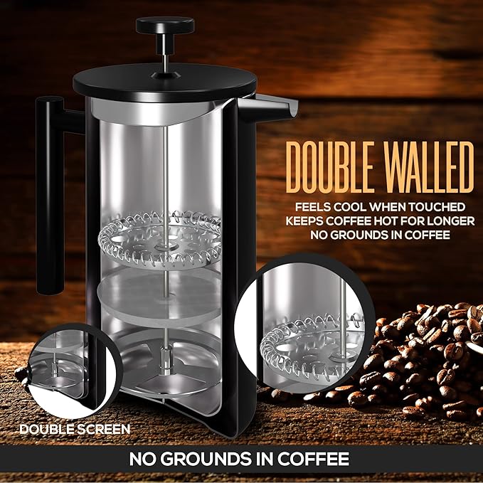 Utopia Kitchen 304 Grade Stainless Steel French Press Coffee Maker 50 Oz, Double Wall Insulated Coffee Press with 4-Level Filtration system, Include 2 Extra Filters, Rust-Free, Black