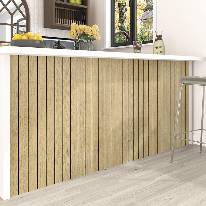 Wallercity 3D Wood Brown Wall Panels Peel and Stick Faux Wood Slat Decorative Wall Panels for Ceiling Self Adhesive Woodgrain Soundproof Foam Walls Paneling for Bedroom Counter Door Decor 11.7"x118"