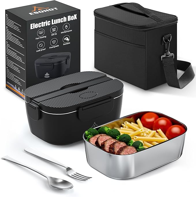 Heated Lunch Box,120W Electric Lunch Box for Adults with 1.5L 304 Stainless Steel Container, 12V/24V/110V Lonchera Eléctrica Portátil for Travel,Work,Car,Truck (Pure Black, 1.5L)