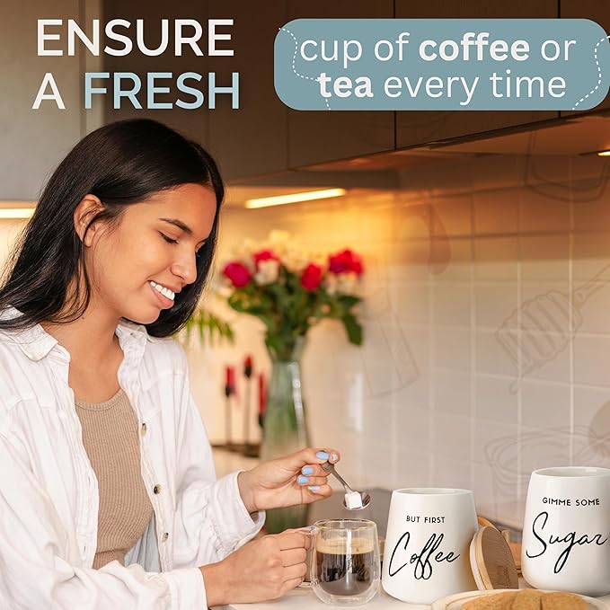 Coffee Tea and Sugar Ceramic Canister Set with Bamboo Lids - 3-Piece Airtight Kitchen Canisters for Countertop - Coffee Bar Container Set, Off-White