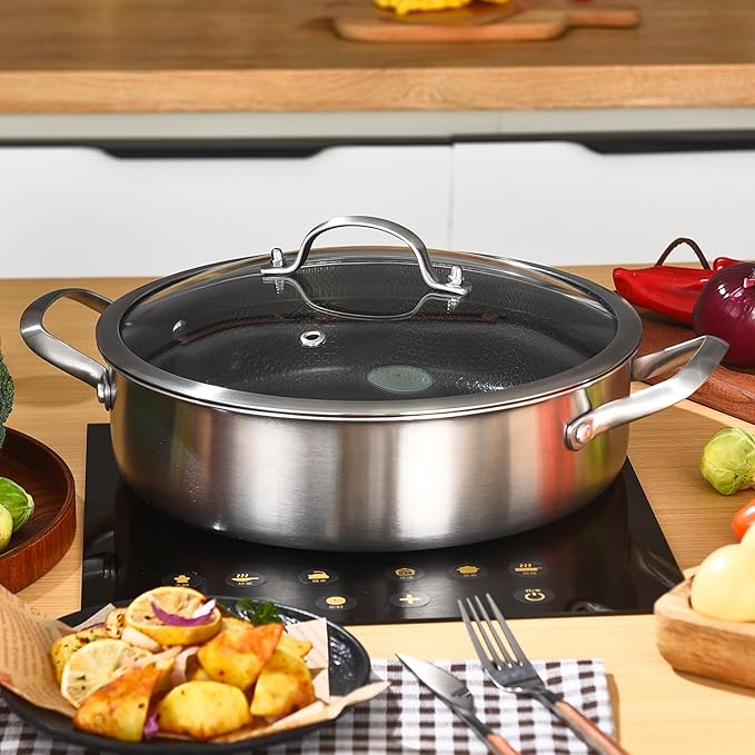 LOLYKITCH 7 QT Large Deep Frying Pan with Lid, 12 Inch Nonstick Triply Stainless Steel Skillet Saute Pan, Ceramic Hybrid Honeycomb Cookware for Family Meal – Oven & Induction Ready, Riveted Handles