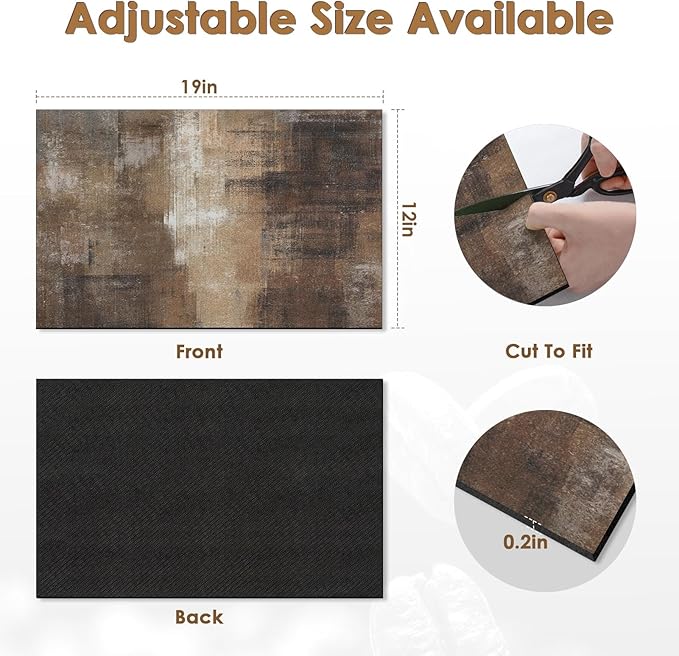 Arttown Coffee Mat for Countertops, Brown Abstract Modern Dish Drying Mat 2 Pcs for Kitchen Bar Accessories, Coffee Maker Espresso Machine Dish Rack Hide Stain Rubber Backed 12x19In