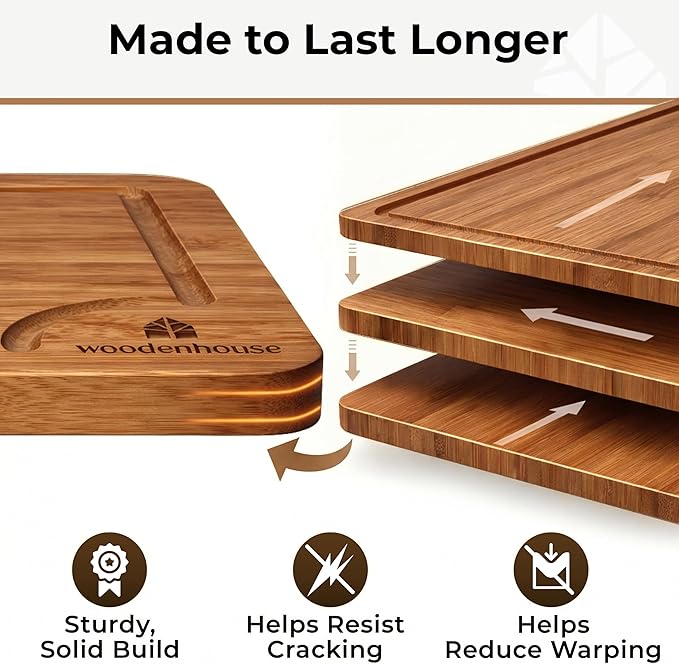 Wood Cutting Board Set of 3 with Holder - Sturdy & Easy to Clean Bamboo Wooden Cutting Boards for Kitchen - 3 Sizes of Chopping Board with Juice Grooves for Meal Prep, Everyday Use, Housewarming Gift