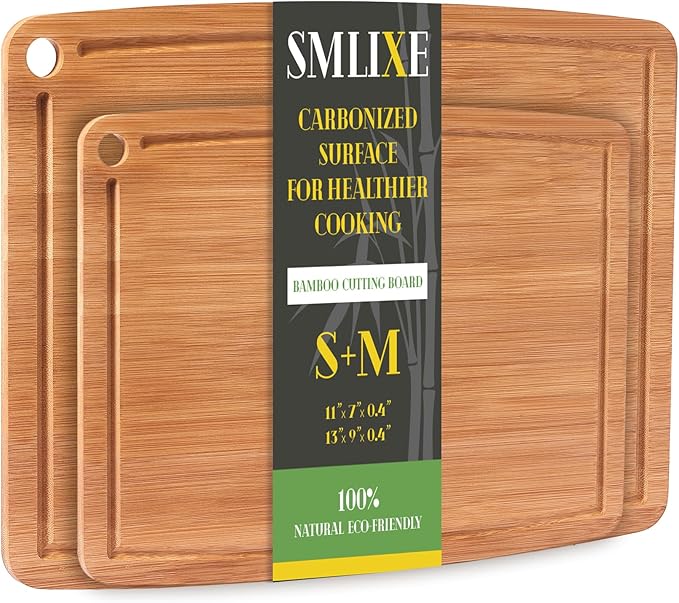 Bamboo Cutting Boards for Kitchen [Set of 2],Carbonized Wood Cutting Board Set with Deep Juice Groove for Chopping Meat, Vegetables, Fruits, Nuts,Lightweight & Durable,Ideal Kitchen Gift