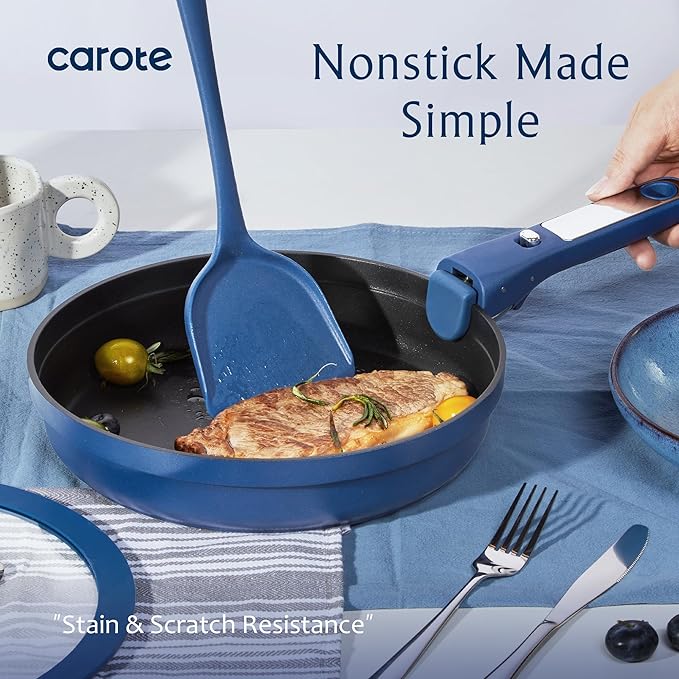 CAROTE 10-Piece Pots and Pans Set, Nonstick Cookware Set Detachable Handle, Frying Pan with Splatter Screen, Oven Safe, Induction Ready, Stackable, Blue