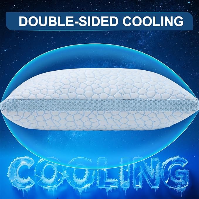 QUTOOL Enhanced Cooling Pillows for Sleeping, CertiPUR-US Shredded Memory Foam Pillows Queen Size Set of 1 for Hot Sleeper, Adjustable Bed Pillow for Side, Back, Stomach Sleepers Support Yet Soft Blue