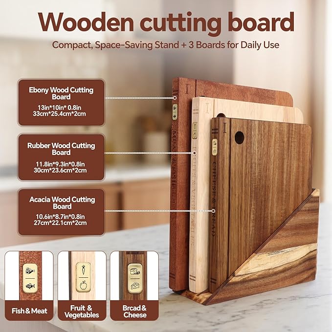 Book Cutting Board Set with Separated Stand, 3 Piece [Acacia/Ebony/Rubber] Wood Cutting Boards That Look Like Books for Kitchen Decor, Reversible Thick Chopping Board with Brass Food Labels