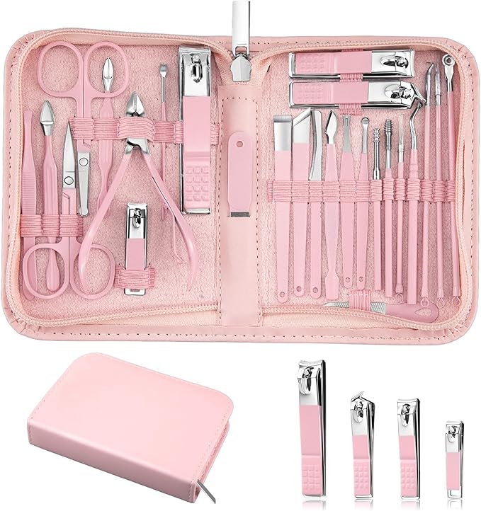 MINKINH 26-Piece Professional Manicure Set，Features Stainless Steel Tools, Carbon Steel Clippers & Travel Case for Women's Home and Travel Grooming，Mother's Day Gifts(Pink)