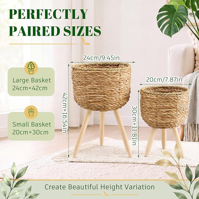 2 Pack Seagrass Plant Stand Set with Solid Wood Legs – Handwoven Boho Indoor Planter Basket Combo, Small & Large Decorative Flower Pot Holder for Living Room, Bedroom & Patio