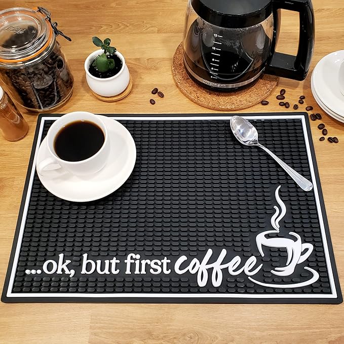 New Mungo Coffee Bar Mat – “Ok But First Coffee” – Spill-Proof PVC Coffee Station Mat, Non-Slip Countertop Protector 18"x12"