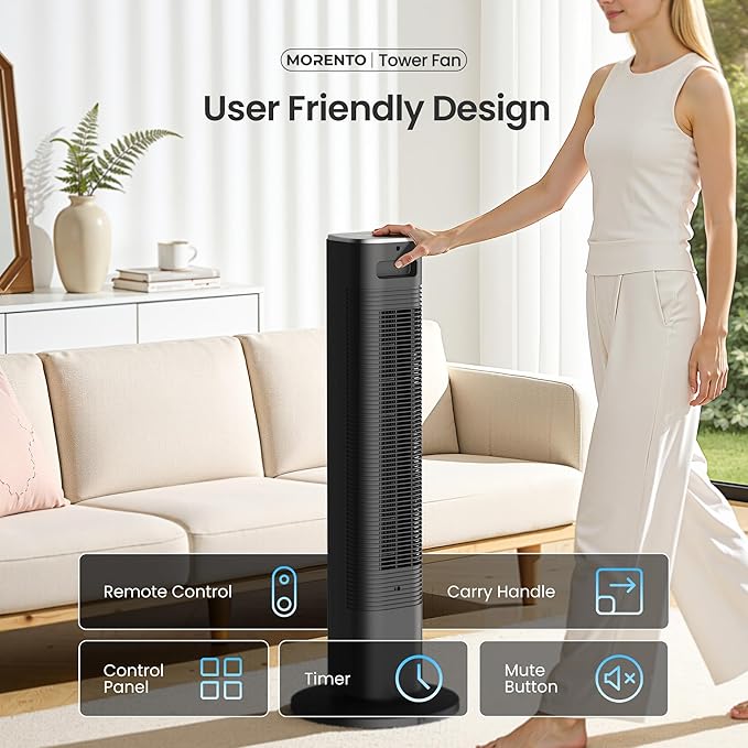 MORENTO Tower Fan for Bedroom, 36" Smart Standing Fan with WiFi APP Voice Control, 4 Modes 4 Speeds, 90° Oscillating, 12H Timer & 25dB Ultra Quiet Safe Bladeless Floor Fan with Remote, Black, 1 Pack