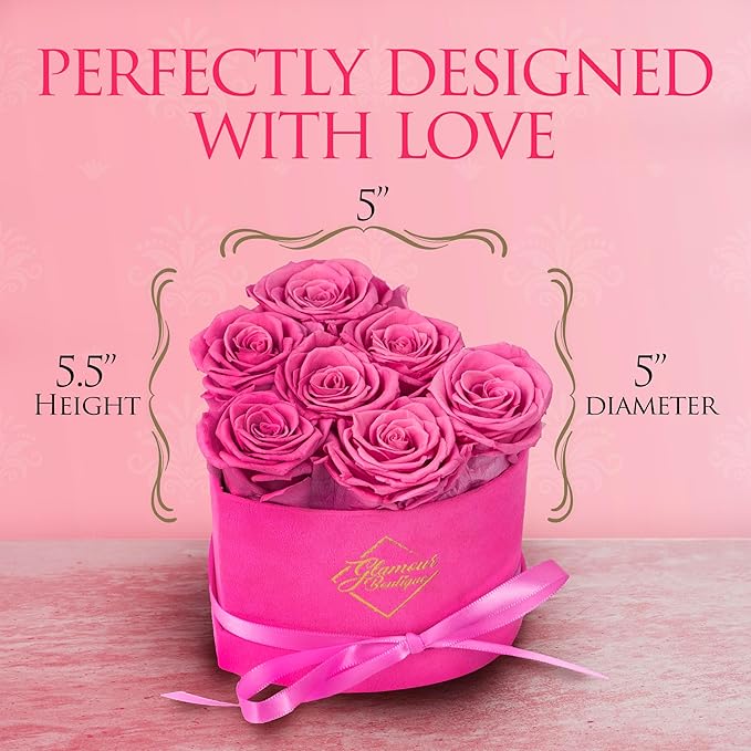 GLAMOUR BOUTIQUE 7 Flower Forever Heart Shape Box, Eternal Preserved Roses Gift for Her, Lasting Flowers, Petite Floral Heart Box for Birthday, Anniversary Valentine’s Day, Velvet Pink (Color-Treated)
