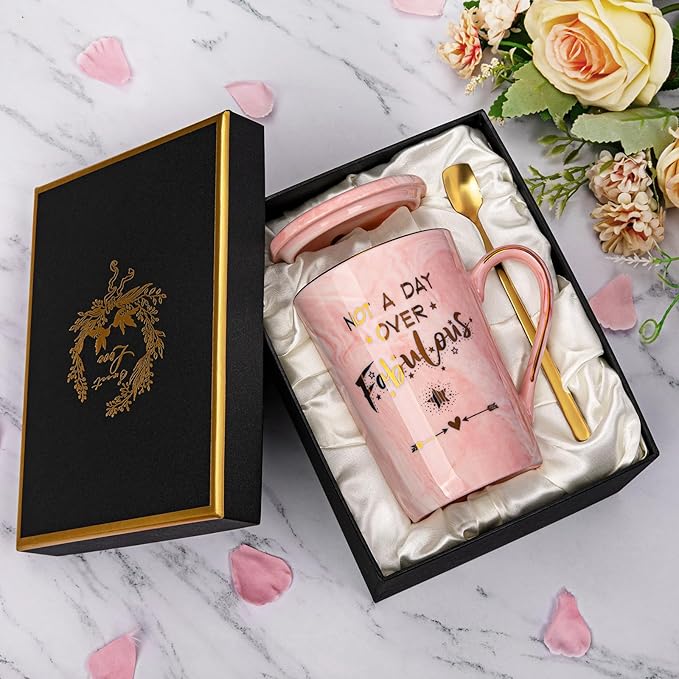 Funny Birthday Gifts for Women - 14Oz Not a Day Over Fabulous Coffee Mug Printed with Gold, Happy Birthday Gift Ideas for Her Bday, Mom, Sister, Best Friends Female, Christmas Ceramic Cup Gift, Pink