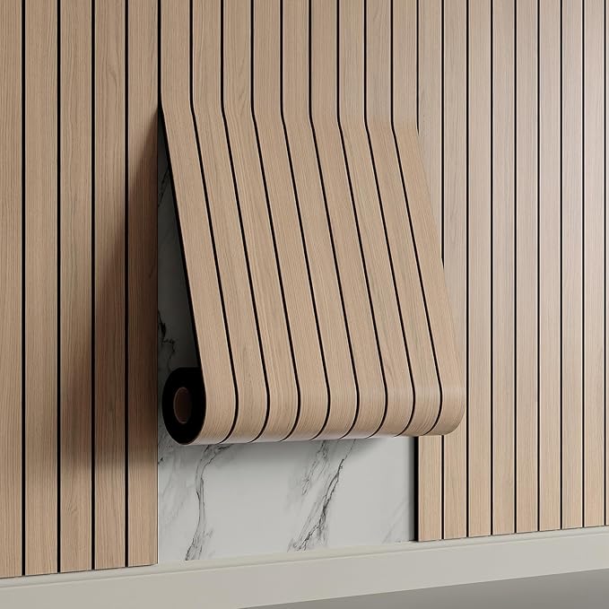 Yutianli PVC Slat Wall Panel Peel and Stick 236"x 15.7" Faux Wood Slat Panel Artificial Oak Wood Grain Self-Adhesive Soundproof 3D Wall Panel for Walls and Ceilings