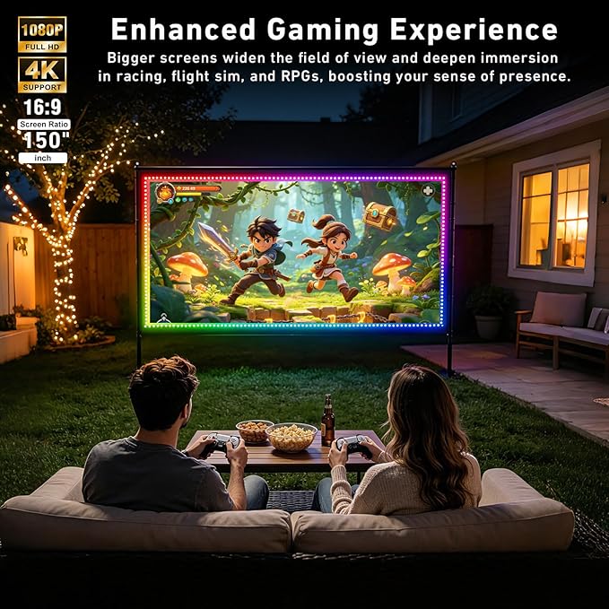 150 inch Projector Screen with Stand, USB String Lights Connection 16:9 4K HD Portable Movie Screen Indoor Outdoor,Wrinkle-Free Foldable Projection Screen for Home Theater Backyard, Office, Travel