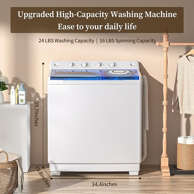 VCJ Portable Washing Machine, Twin Tub Washing Machine Laundry Compact Washer spinner Combo with 40lbs capacity, 24Lbs Washer and 16Lbs Spinner dryer for Apartments RVs and Dorms