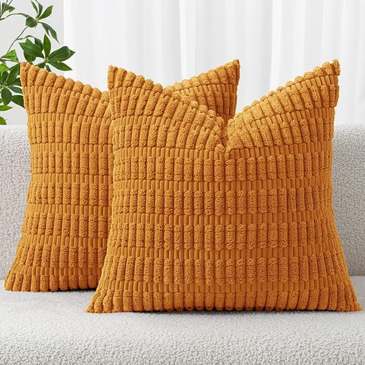 MIULEE Pack of 2 Burnt Orange Corduroy Decorative Pillow Covers 18x18 Inch Soft Boho Striped Throw Pillow Covers Modern Farmhouse Home Decor for Summer Sofa Living Room Couch Bed