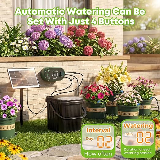 Solar Drip Irrigation System Kit, Auto Plant Waterer for 15 Pots | 3W Solar DIY Watering Device with Bucket & Flower Pots Included, 22 Programmable Timer Modes, Anti-Siphon