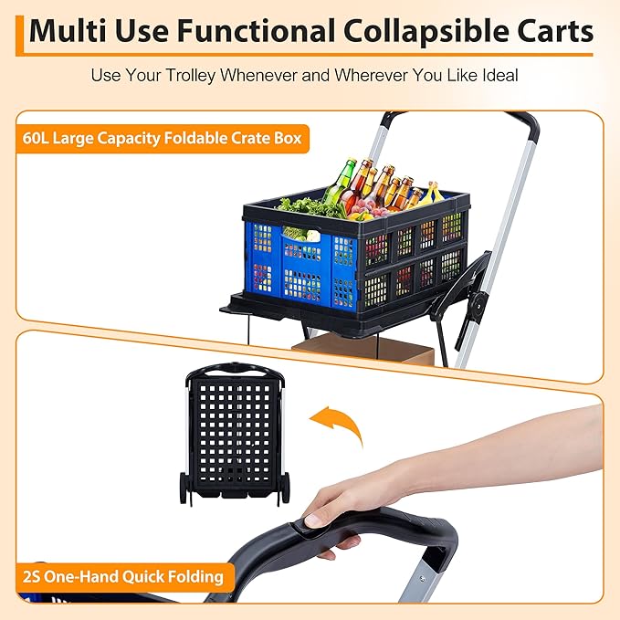 2 Tier Folding Shopping Carts for Groceries, 198 LB Capacity, Collapsible Portable Grocery Cart with Wheels & Removable Crate, Lightweight Foldable Shopping Trolley for Mall Market, Blue