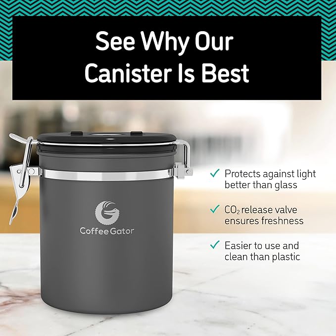 Coffee Gator Coffee Canister, 22oz Airtight Stainless Steel Kitchen Food Storage Container with Date-Tracker, CO2-Release Valve and Scoop for Beans, Grounds, Sugar, Cookies Jars, Tea, Cereal - Gray