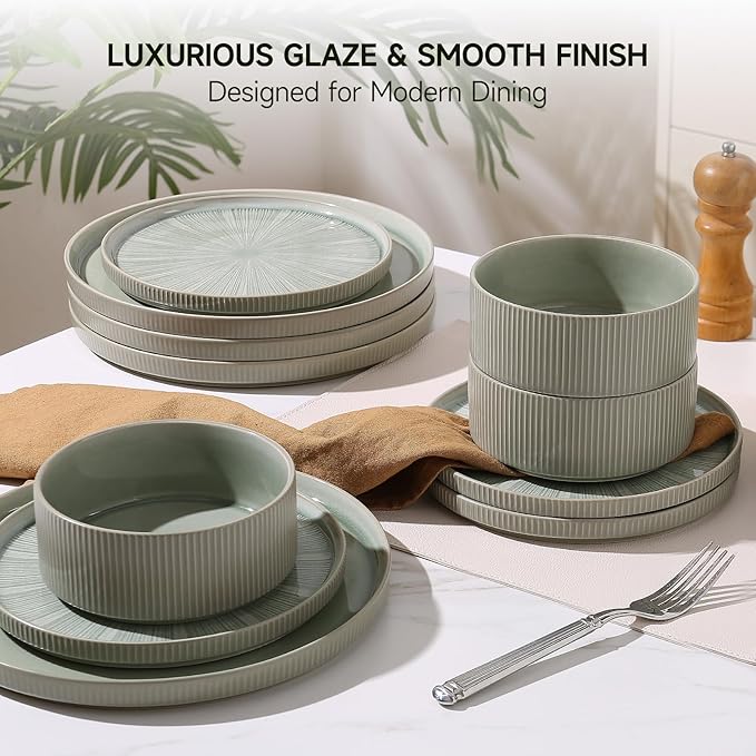 Dinnerware Sets for 4, Ceramic Plates and Bowls Set 12 Piece Dinnerware Chip Resistant Stoneware with Advanced Inkjet Printing Technology, Dishwasher and Microwave Safe-Sage Green