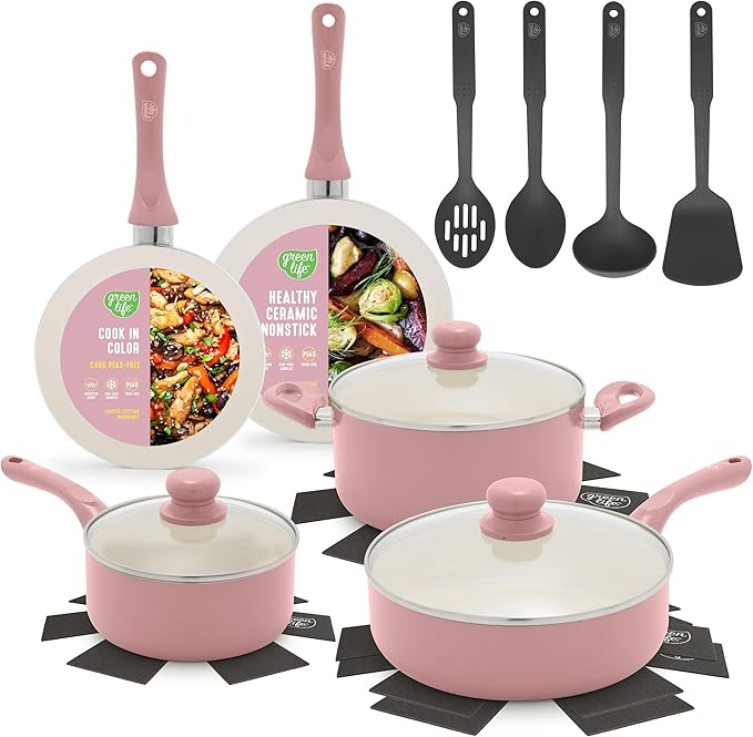 GreenLife 16-Piece Nonstick Cookware Set, Non-Toxic Ceramic Pots and Pans Set, Durable Healthy Kitchen Essentials, Fast Heating, Induction Ready, Easy Clean Dishwasher Safe, PFAS-Free, Blush Pink