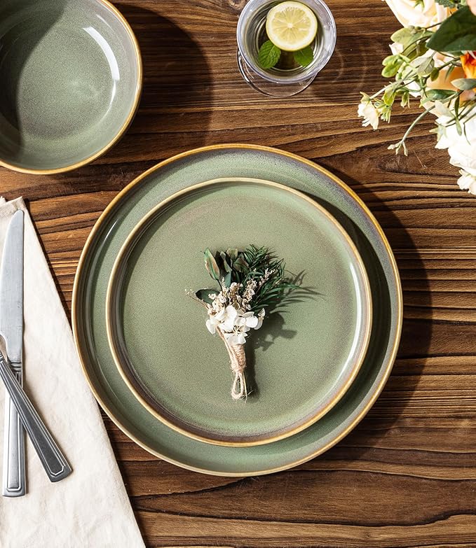 TheTerra Ceramic Dinnerware Sets for 4, 12 Pieces Handmade Reactive Glaze Plates and Bowls Sets, Scratch Resistant Dish Set, Oven & Microwave & Dishwasher Safe, Brown Green