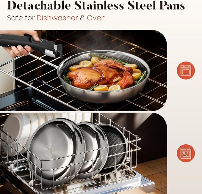 Kitchen Academy 3-Ply Stainless Steel Frying Pans Set, 8/9.5/11 Inch 18/10 Nonstick Skillets with Removable Handle for Small Spaces, Dishwasher & Oven Safe Induction RV Camping Pans