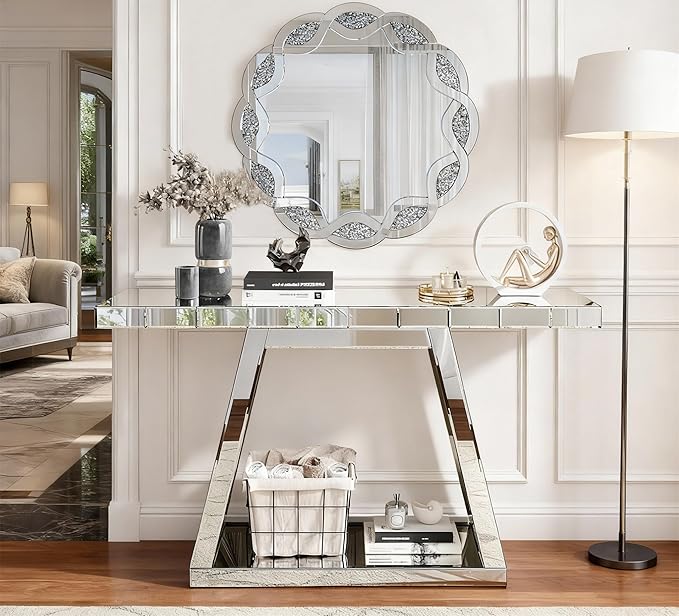 SSLine Mirror Console Table for Living Room 55" Modern Mirrored Entryway Table with Crystal Trapezoid Base Luxury Glass Foyer Tables for Entryway Hallway