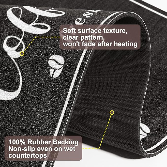 CooRug Absorbent Coffee Mat, Fashion Dish Drying Mat for Kitchen Counter Coffee Bar Accessories Espresso Machine Dish Rack 17" x 32" Black